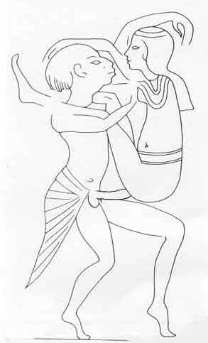 Fig. 13. Pareja copulando. Una de las numerosas posiciones para la relación sexual que aparecen en un papiro obsceno de finales del Imperio Nuevo. Museo de Turín.