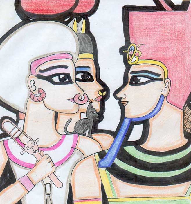 Faraon adorando a la Reina madre y a su madre Bastet