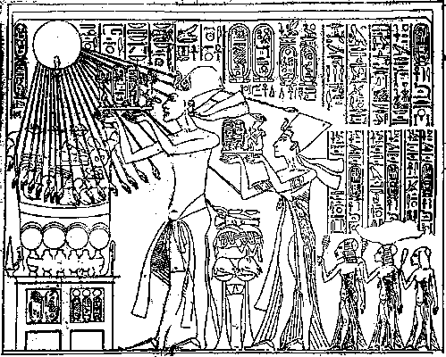 La familia real haciendo una ofrenda a Atón en el templo. Tumba de Apy. Davies Amarna IV, pl XXXI
