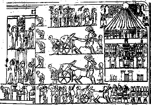 Las princesas y oficiales ayudan al rey a oficiar en el templo de Atón. Tumba de Mery-Ra I. Davies Amarna I, pl. XXVI. Continúa por la izquierda con la lámina XXVII.