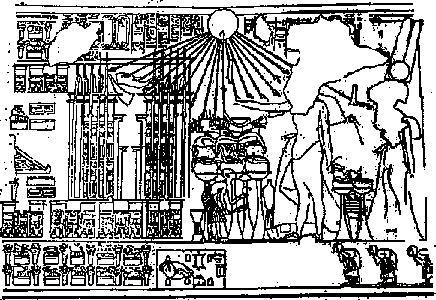 Los reyes ofician dentro del templo de Atón. Tumba de Mery-Ra I. Davies Amarna I, pl. XXVII. Continúa por la derecha con la lámina XXVI.